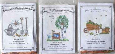 Liebevolle Kreuzstichentwürfe Stickvorlagen Gartengeräte, Gartenarbeti im Herbst, Sommerzeit 1