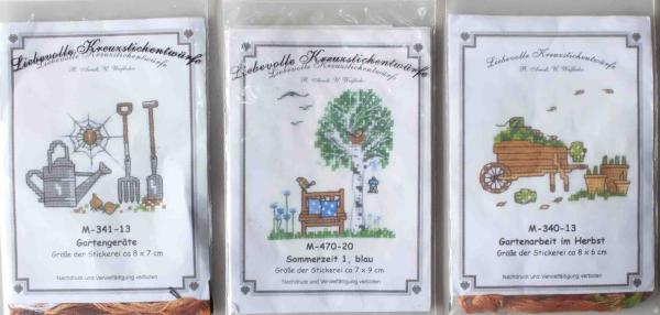 Liebevolle Kreuzstichentwürfe Stickvorlagen Gartengeräte, Gartenarbeti im Herbst, Sommerzeit 1