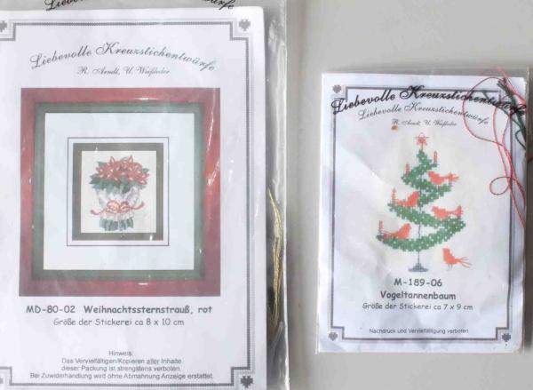 Liebevolle Kreuzstichentwürfe Stickvorlagen Vogeltannenbaum u. Weihnachtssternstrauß