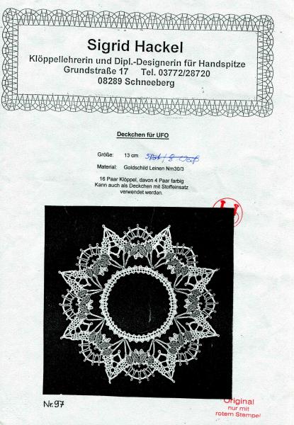 Klöppelbrief Sigrid Hackel Nr. 97 Deckchen für Ufo